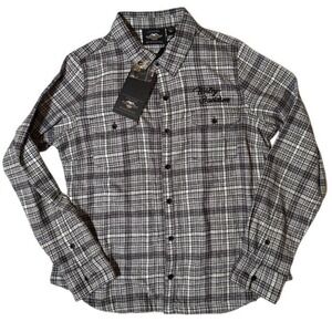 Harley Davidson Women's Large Silver Wing Two Pocket Plaid Flannel Shirt NWT NEW